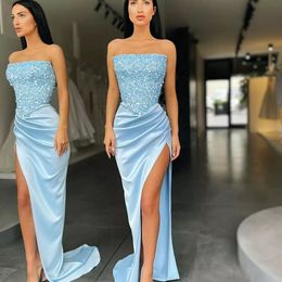 Light Sky Blue Plus Size Prom Dresses Long For Women Strapless Sequined High Side Split Draped Birthday Pageant Celebrity Evening Party Gowns Formal Ocns 2024