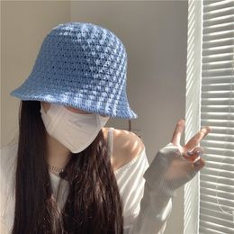 Japan Korea Fashion Spring Summer Bucket Hat Women's Fine Knitted Crochet Straw Bucket Fisherman Hat Solid Color Pot Hat Tide