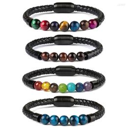 Strand Punk Stainless Steel Leather Rope Bracelet For Man Natural Stone Tiger Eyes Beaded Bangles Male High Quality Accessory Gift