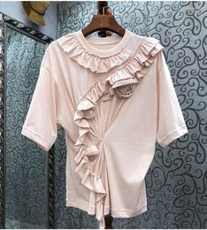 Women's T Shirts Cotton Tops 2023 Summer Fashion Designer Blouses Women Ruffle Floral Deco Short Sleeve Casual Pink Black Blouse Wear