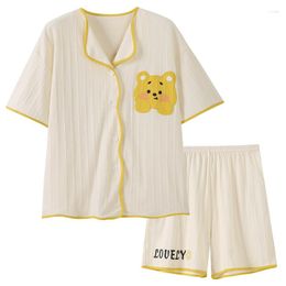 Women's Sleepwear Gaodinglan Cartoon Bear Print Sweet Short Sleeve Women Pyjamas Set Pure Cotton 2piece Shorts Pyjamas Suit Female Thin