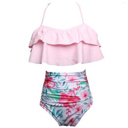 Women's Swimwear Summer Pink Ruffled Short Top Flower Printing Swimming Trunks Fashion Split Swimsuit Set