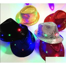 Party Hats Led Flash Sequins Glowing Hat Adts Children Hip-Hop Light Up Jazz Cap Dance Club Event Birthday Stage Perform Props Hallo Dhk3F