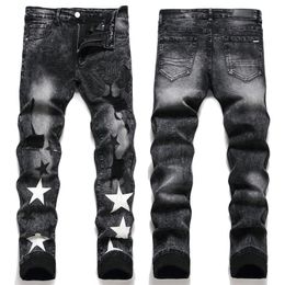 Black Damage Man Denim Jeans With Patch Stretch Cotton