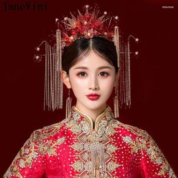 Hair Clips JaneVini Classic Red Bridal Crowns With Earrings Long Tassel Pearls Chinese Style Wedding Bride Head Jewellery Accessories