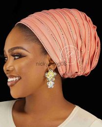 Bandanas 2022 New Rhinestones Women's Pleated Turban Cap Candy Colour African Hat Nigeria Geles Muslim Headscarf Bonnet Ladies Head Wraps x0628