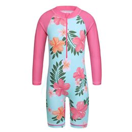 Swim wear BAOHULU Cyan Floral Long Seve Girls Swimwear One Piece Children Swimming Suits UPF50+ Swimsuit Kids 4-11 Years Rash Guards HKD230628