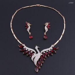 Necklace Earrings Set OEOEOS Red Crystal Wedding Bridal Peacock Party Prom Accessories Decoration