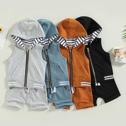 Clothing Sets Toddler Boys Summer Outfit Sleeveless Zipper Hoodie Solid Colour Drawstring Shorts