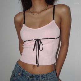 Women's Tanks Sweet Pink Stripe Lace Up Skinny Summer Camis Tops Korean Fashion Knitted Top Cropped Cute Y2K Clothes Sleeveless