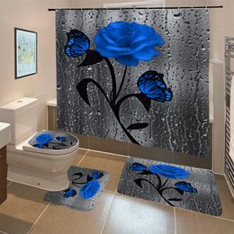 Shower Curtains Blooming Flowers Rose Butterfly Shower Curtain Set Waterproof Bathroom Toilet Seat Cover Bath Non-Slip Mat Rug Carpet Bath Decor 230627