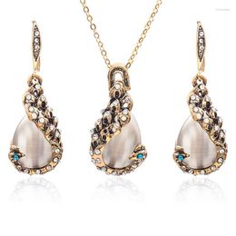 Necklace Earrings Set RONGQING 1Set Crystal Bridal Teardrop Peacock Opal Sets For Women Sister Colars