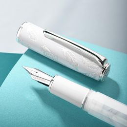 Pens Hongdian N8 Resin White Fountain Pen Beautiful Feather Pen Cap with Converrter Gift Pen EF/F/M Nib Smooth Writing Pen for School