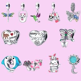 925 sterling silver charms for jewelry making for pandora beads Pendants Pink Cat Moon Fly Bird Butterfly Bead