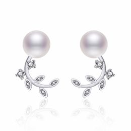 Popular Girl's CZ Leaf Pearl Ear Studs Jewellery Rose Gold/Platinum Plated Silver Stud Earings for Date OL Fashion Jewellery