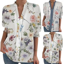 Women's Blouses Silk Shirts Casual Raglan Tee Summer Fashion Ladies Stand Collar Half Sleeve Pullover Flower Print Long Sleeves Women