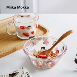 Cartoon Cute Glass Cup Breakfast Mlik Coffe Cup Strawberry Cup Coffee Glass Mug Water Cup Transparent Mugs Handle Drinkware L230620