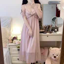 Women's Sleepwear Soft Home Summer Simple V-Neck Sweet Princess Sexy Mesh NightDress Korean Solid Long Maxi Dress Court Style With Chest Pad