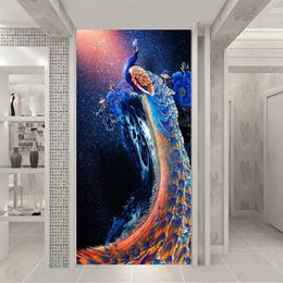 Wallpapers Custom Mural Modern Minimalist Starry Sky Blue Peacock Peony Floral Porch Decor Wallpaper 3D Po Wall Paper Papel De Parede