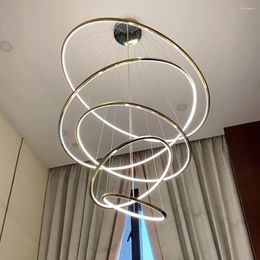 Chandeliers Modern Ring LED Chandelier For Staircase Living Room Gold Duplex Building Hanging Lamps Luxury Ceiling Indoor Lighting Fixtures
