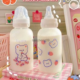 Kawaii Cartoon Strawberry Bear Glass Pacifier Water Bottle Straw Cup For Adult Milk Frosted Bottle Feeding Bottles L230620