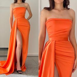 Fashion Orange Prom Dresses Strapless Evening Gowns Pleats Slit Formal Red Carpet Long Special Occasion Party dress