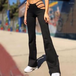 Women's Pants Sexy Hollow Out Flared Women Punk Casual Solid Cut Slim Fitness Bell Bottom Low Waist Elastic Trousers Streetwear 2023