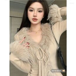 Women's Knits V Neck Bandage Sweater Sexy Long Sleeve Feather Cardigan Knitted Jacket Vintage Korean Autumn Cropped Sueter