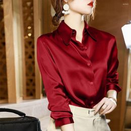 Women's Blouses 2023 Overshirt Luxury Women Shirt Elegant Office Button Up Long Sleeve Shirts Momi Silk Crepe Satin Business Ladies Top