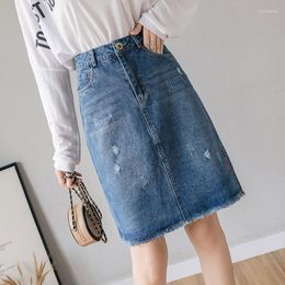 Skirts Embroidery Ripped Jean High Waist A Line Pocket Cotton Jeans Midi Skirt Tassel Women Denim Fashion