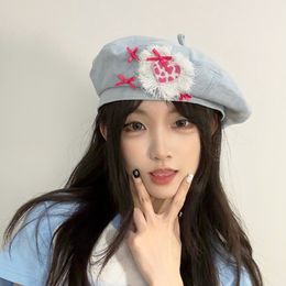 Japanese Retro Denim Berets for Women Show Face Small Millennial Babes Spring and Summer Pink Love Bow Sweet Painter Hats
