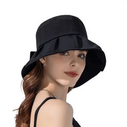 Women Summer Folding Ruffles Bucket Hat for Beach Holiday Lady Spring Bowler Sun Protection Cap with Bow-tie Wholesale Drop Ship