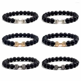 Charm Bracelets Black Dumbbell For Men Women Natural Lava Stone Beads Set Gifts