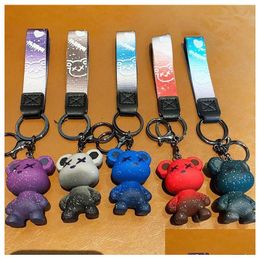Keychains Lanyards 5 Colours Dazzling Colour Starry Sky Bear Keychain Camouflage Pattern Bag Woman Men Car Happy Keyring Drop Delive Dhgbj