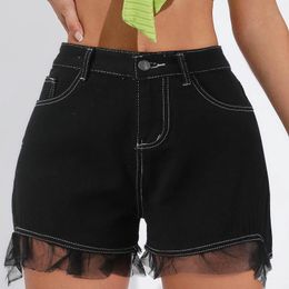 Women's Shorts Cargo Denim Women Summer Lace Edge Black High Waist Wide Leg A Line Clothing Pantalones
