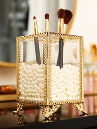 Storage Boxes Bins Golden Glass Cosmetic Brush Organizer Box Makeup Holder Make Up Tools Table Display Rack 230628