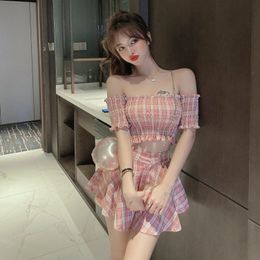 Two Piece Dress Summer Off The Shoulder Blouse Slash Short Sleeve Pink Plaid Crop Tops Sexy Mini Mermaid Skirts Sets Fashion Sweet Elegant 230627