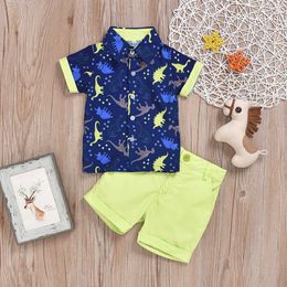 Boys' Blue Print Little Dinosaur Short Sleeve Shirt Shorts Children's Fashion Two Piece baby Set childrens clothes boys sets tracksuit