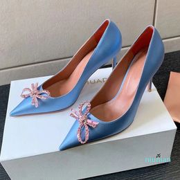 Designer Bowknot Rhinestone High Heel Shoes Luxury Designer Lacquer Satin Crystal Decoration Pointed Dress 10CM Banquet Dress Shoes