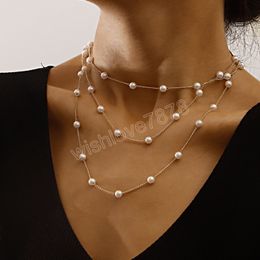 Simple Geometric Thin Imitation Pearl Layered Chain Necklace Multilayer Clavicle Chain Necklace For Women Vintage Jewellery
