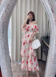 Auth S-elf Portrait Printed Off Shoulder Pleated Slim Fit Waist Wrapped Flowing Fairy Long Dress Tourism Holiday Beach Dress