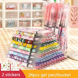 Pens 24pcs/set Cartoon 0.5mm Roller Pen Black ink Straight Liquid Rollerball Gel Pen for School Office Kawaii Stationery