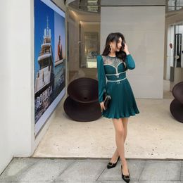 Auth S-elf Portrait Green Lace Panel Round Neck Long Sleeve Sexy Dress Short Pleated Skirt