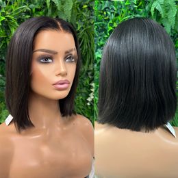 100% Human Hair Bob Wig Natural Black Straight Deep 360 Lace Frontal Wig for Women Preplucked Middle Part Perfect For Summer