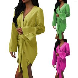 Casual Dresses Women's Fashionable Temperament Loose Fitting Long Sleeved V Neck Tie Up Dress