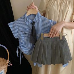 Children's Wear 2023 Summer New Girls' American Fashion Vertical Stripe Sleeveless Top Irregular Short Skirt Set kids clothing tutu dress