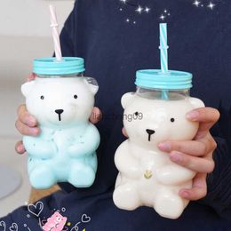 550ml Cute Cartoon Bear Sippy Cup Creative Heat Resistant Glass Water Bottle With Straw Juice Milk Kids Clear Drinking Bottles L230620