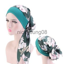 Bandanas Muslim Hijab For Women Floral Print Pre-Tied Headwear Wide Band Bowknot Turabn For Women Sliky Satin Bandana Chemo Cancer Cap x0628