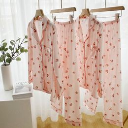 Women's Sleepwear Women's Summer Pink Pyjama Set High Grade Lmitation Silk Lapel Honey Peach Print Nightwear Button Pocket Short Sleeved