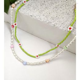 Choker 2 Pcs/Set Imitation Pearl Green Flower Beaded Necklace For Women Colorful Star Acrylic Seed Bead Strand Bohemian Jewelry